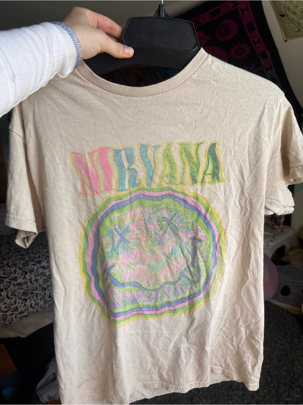 NIRVANA Cream Tee with Pastel Rainbow Logo